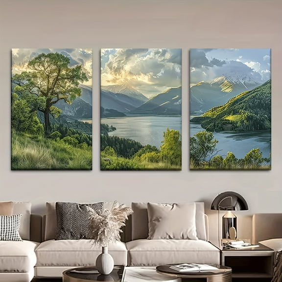 3pcs/set, Canvas painting--Unframed, 30x20inch, Green waterfront under the sun, Wall decoration, bedroom, living room, library, office, cafe, bar, abstract art, perfect birthday, holiday gift, Valen