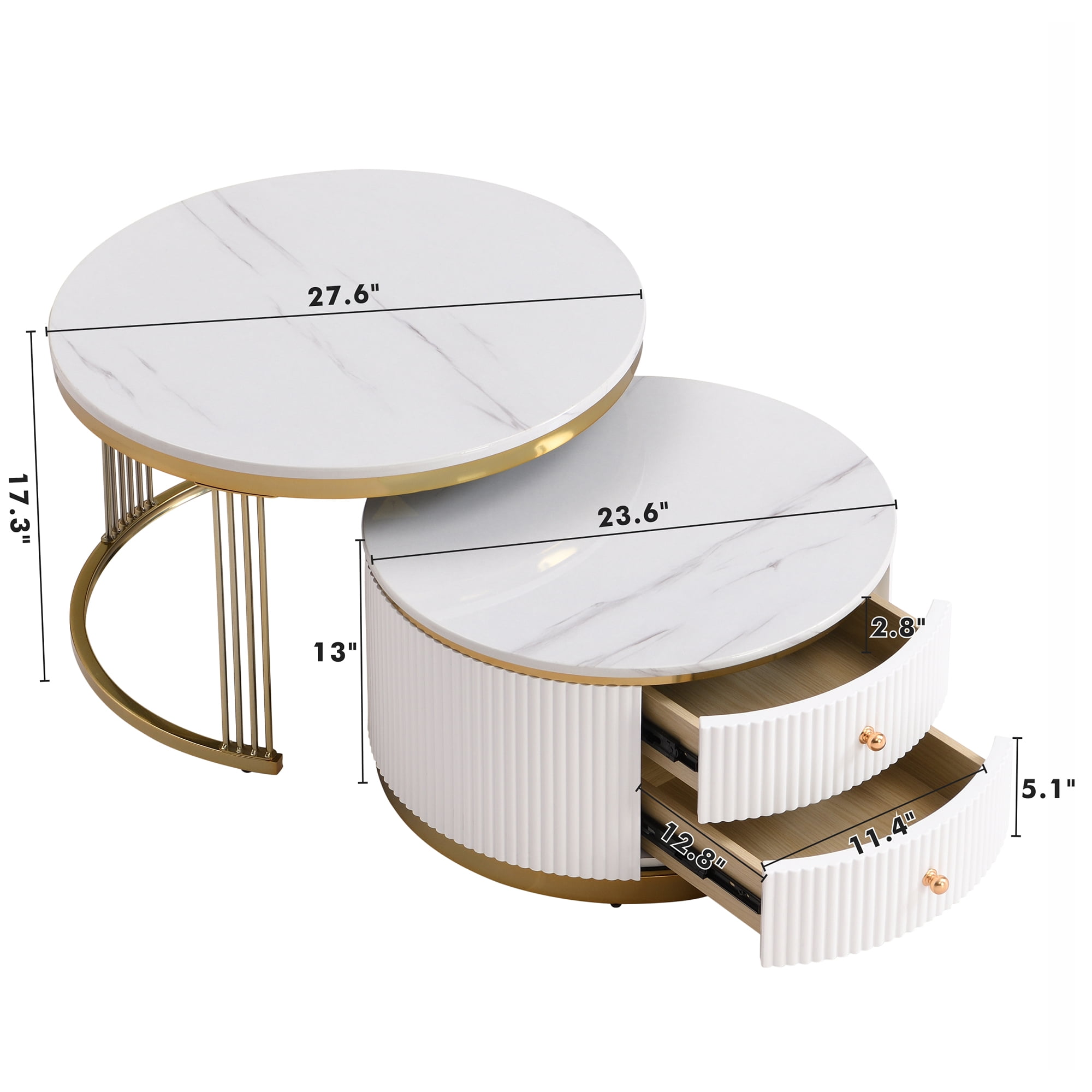 Euroco Modern 2 Pieces White Round Nesting Coffee Table with Drawers in 27.6''