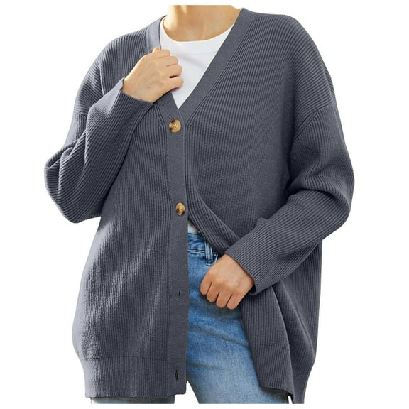 Fiaer Women's Cardigan Sweaters 2025 Fall Button Down Oversized V-Neck Long Sleeve Lightweight Knit Tops with 2 Pockets Grey XS