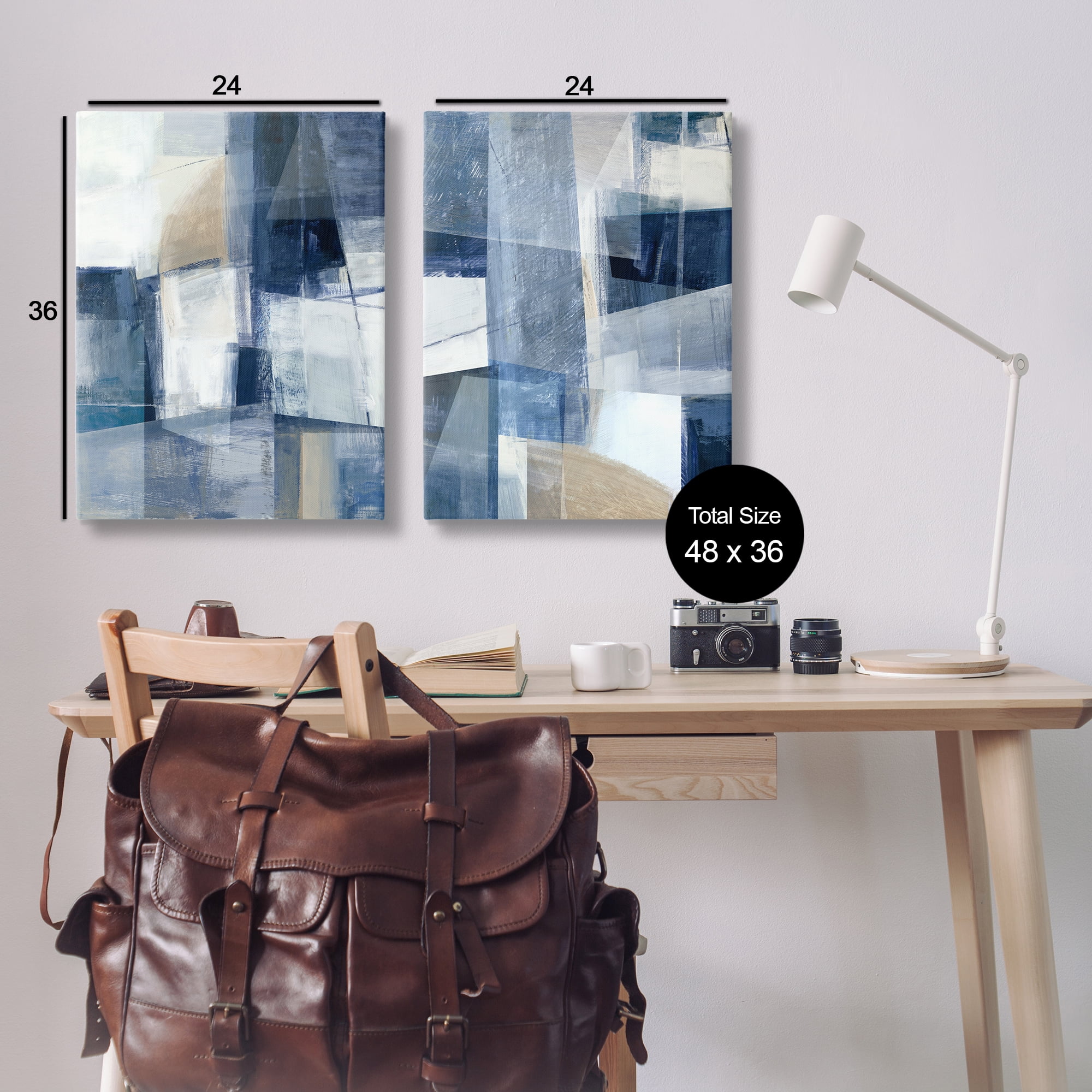 Stupell Industries Blue & Neutral Geometrics Abstract Painting Wrapped Canvas Art Print Wall Art, 24 x 36, Set of 2