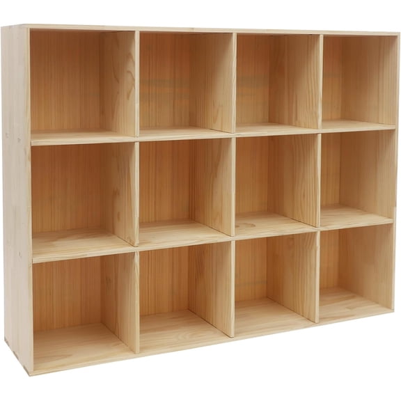 12 Cube Storage Organizer, Solid Wood Cube Bookcase, Floor Standing Bookcase, Display Cabinet with 12 Compartments, Wooden Book Shelf for Living Room, Bedroom, Office