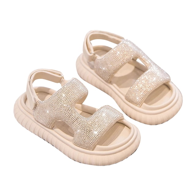 GiLiling Girls Sandals, Rhinestone-Embellished Hook-and-Loop Quarter Strap Open Toe Platform Sandals, Non-Slip Rubber Sole Summer Shoes (Beige, 7-8 Years)