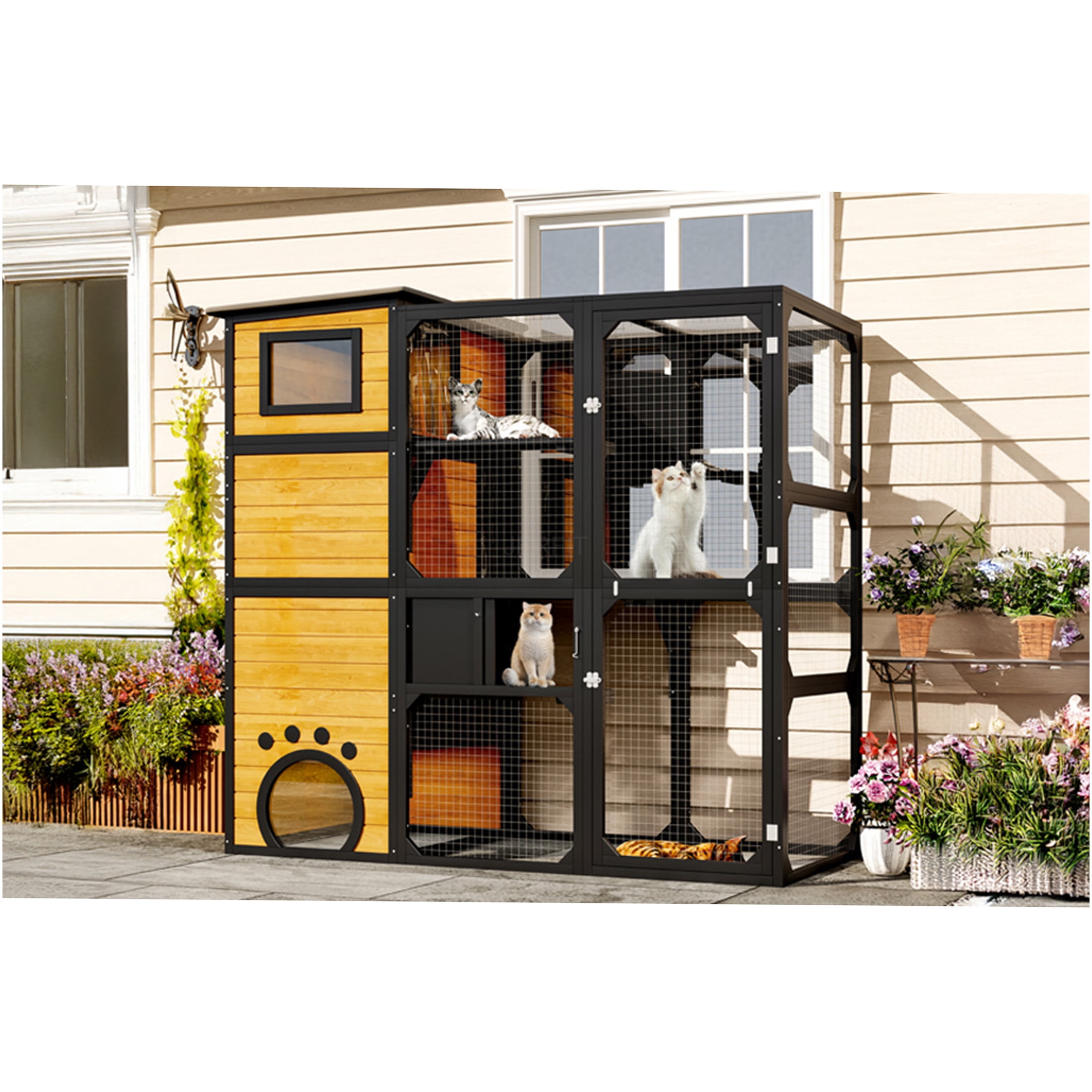 JERFIT 4-Tier Outdoor Catio Enclosure with Window Attachment, Weatherproof Large Cat House with Platforms, Lounges & Asphalt Roof for Multiple Pets, Brown
