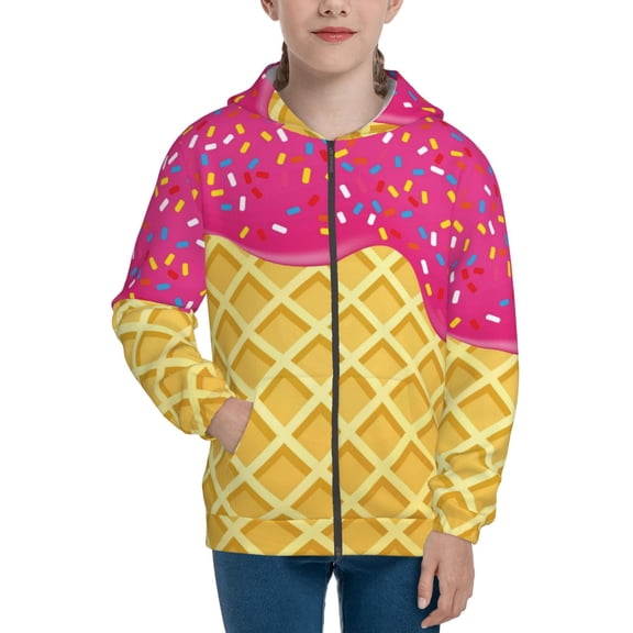 Naloa Red Ice Cream Teenage Zipper Hoodie, Long Sleeve Zip Up Hoodies Casual Jackets Tops for 7-12 Years-Small