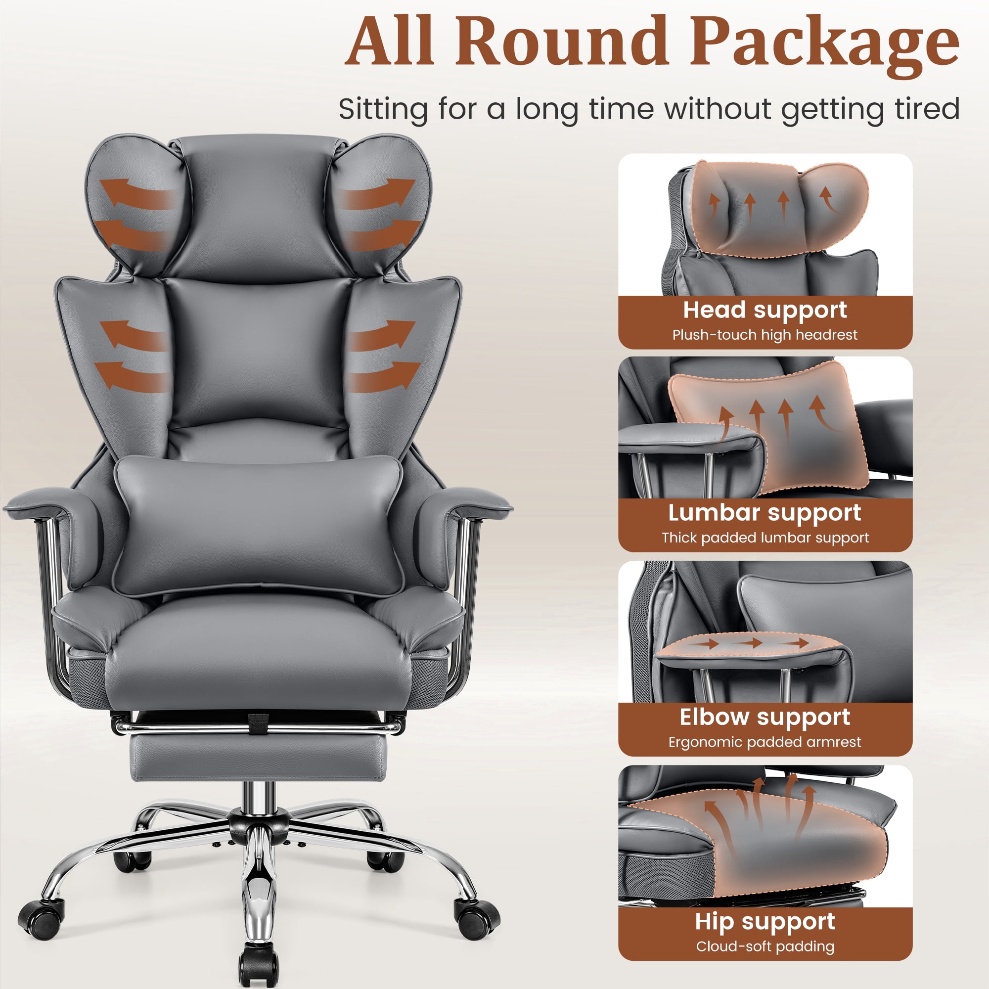 COOLHUT Big and Tall Office Chair 500LBS Wide Seat Ergonomic Computer Desk Chair, PU Leather Executive Office Chair with Footrest, Adjustable Task Chair Lumbar Back Support 8 Hour, Gray