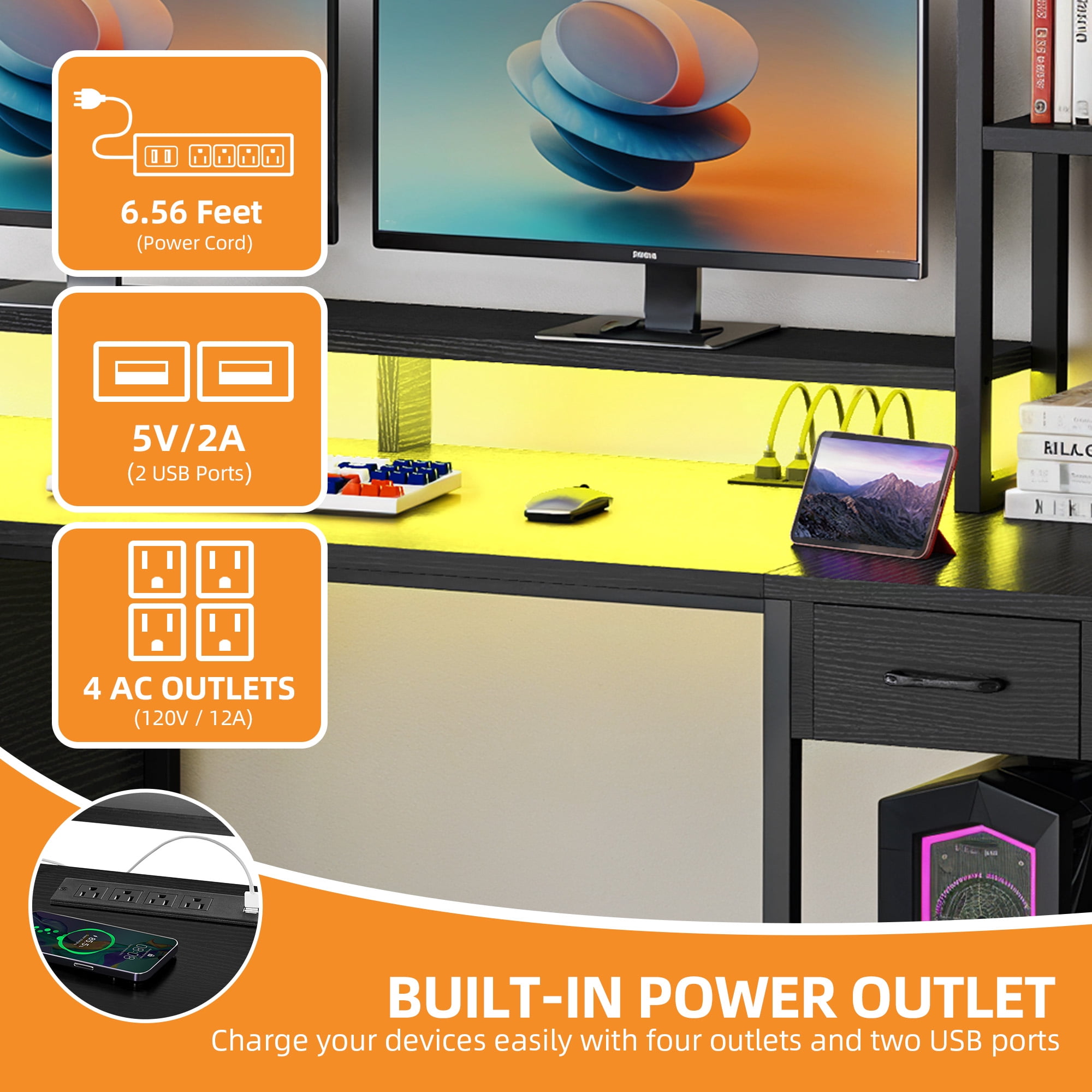 Uforic Computer Desk with Hutch& Led Light, Gaming Desk with Power Outlets, Home Office Desk, Black