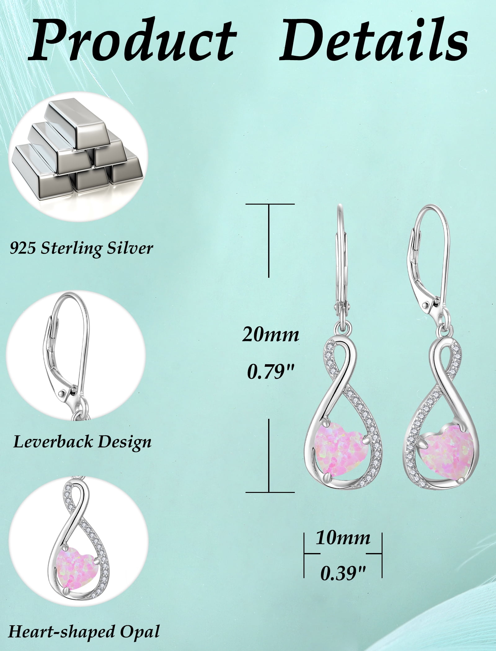 VESITIM Infinity Dangle Leverback Earrings 925 Sterling Silver Heart Earrings Created Pink Opal Jewelry for Women