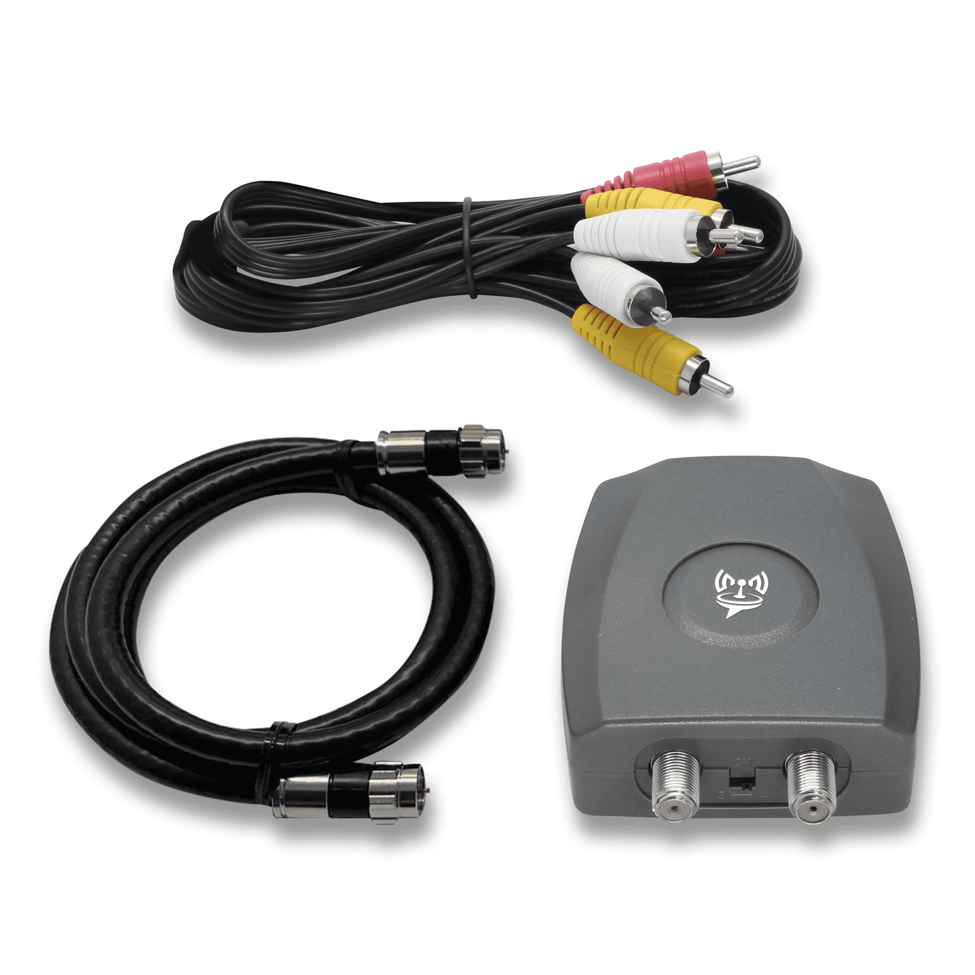 SatelliteSale RF Modulator RCA Composite to RF Coaxial Converter TV Coax Signal Converter Universal Black Adapter Includes AV RCA Cable and Power Supply