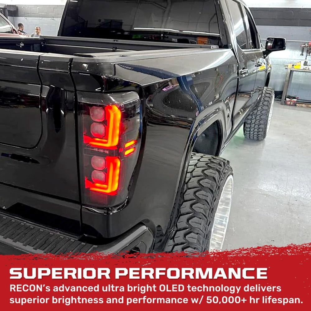 RECON - Fits 19-25 Sierra 1500 & 20-23 Sierra 2500, 3500 Ultra Bright Premium OLED Tail Lights Sleek Running Lights Startup Light Sequence (Replaces Factory/OEM LED) (SMOKED LENS)
