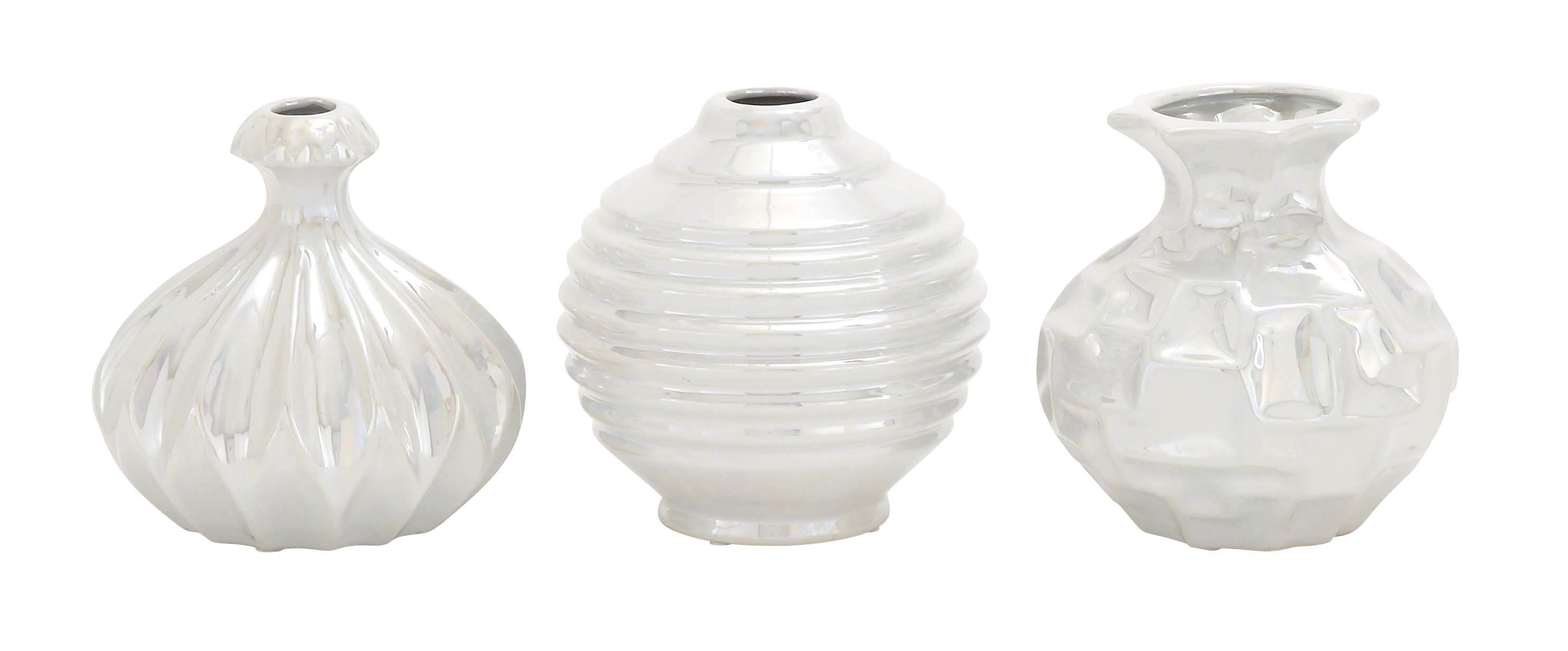 Decmode Modern 6 Inch Iridescent White Ceramic Vases Set of 3