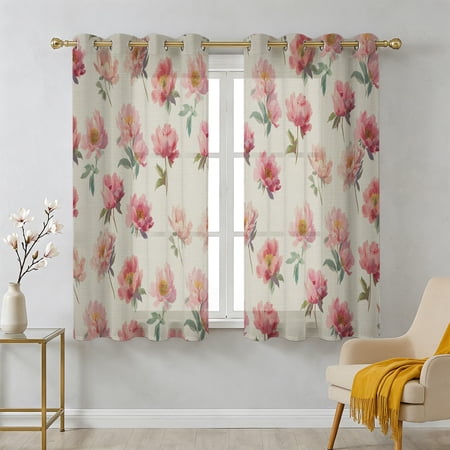 Pink Floral Sheer Curtains 54 Inch Long 2 Panels Vintage Pink Flowers Leaf Linen Texture Light Filtering Semi Sheer Drapes Grommet Voile Window Curtain for Living Bedroom W52 x L54