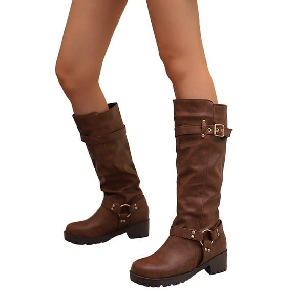 Wide Calf Motorcycle Boots for Women Pull on Vintage Slouchy Leather Fashion Buckle Strap Lug Sole Chunky Heel Mid Calf Riding Booties Brown Size 6