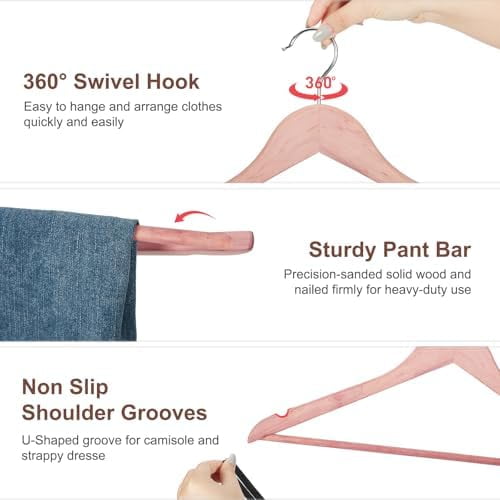 Cedar Hangers for Closet 20 Pack, Smooth Cedar Wood Hangers with Rings, 360° Swivel Hook, U-Shape Notched, Non Slip Pant Bar, Sturdy Wooden Clothes Hanger for Coats, Dresses, Suits
