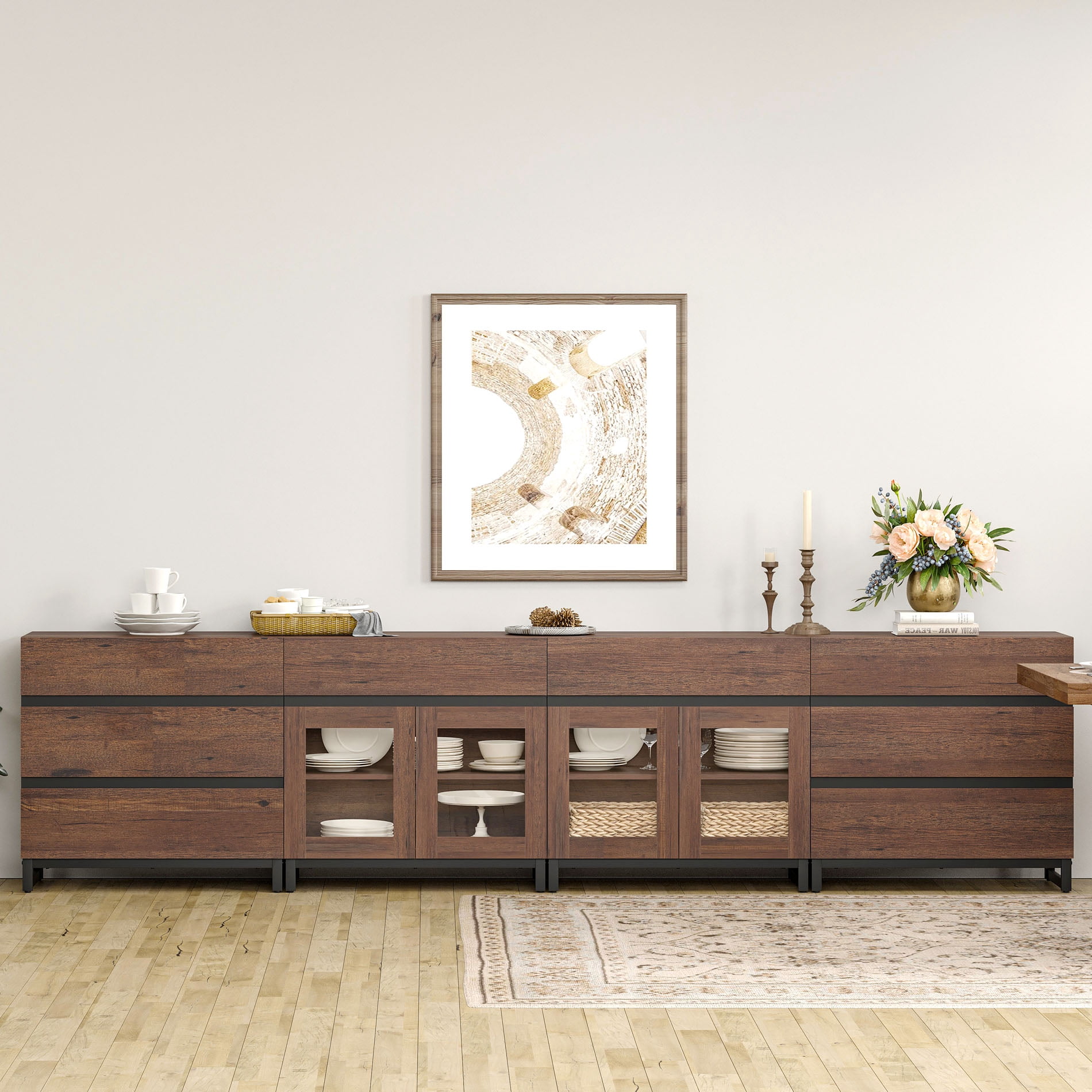 Modern 4-in-1 Sideboard Buffet Cabinet, Storage Credenza with 8 Drawers, Adjustable Shelf and Tempered Glass Doors, Metal Base Coffee Bar Cabinet for Home Decor,Brown