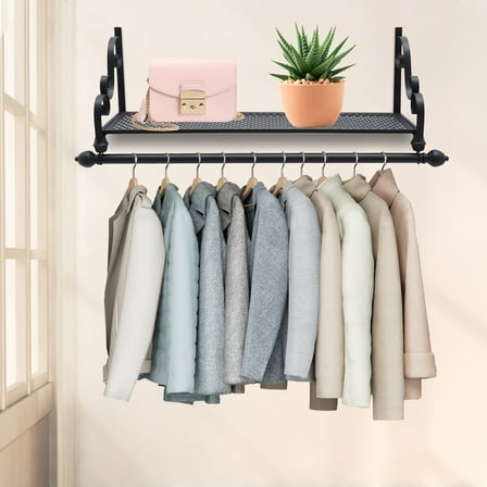 2 Ties Wall Mounted Storage Shelf, Space-saving, 22.5kg/49.6lbs Load Capacity, Metal Coat Rack with Rod for Rooms
