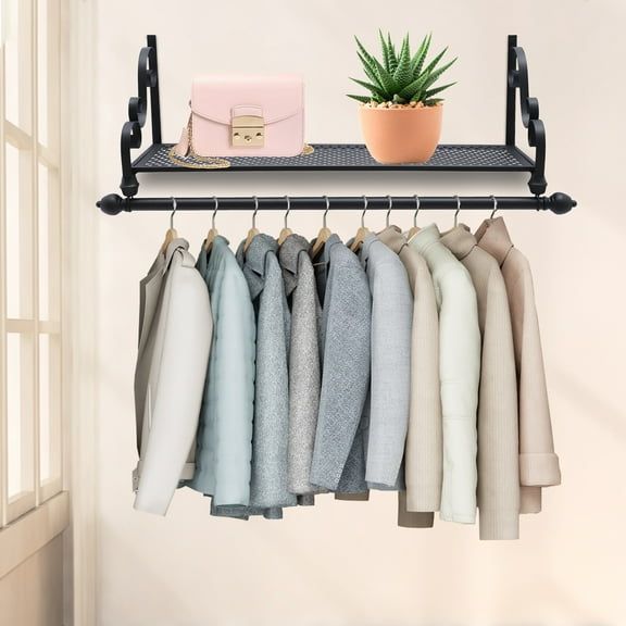 Metal Garment Rack Coat Hanger Wall Mounted Closet Shelf with Hanging Rod for Daily Clothes, Hats, Bags