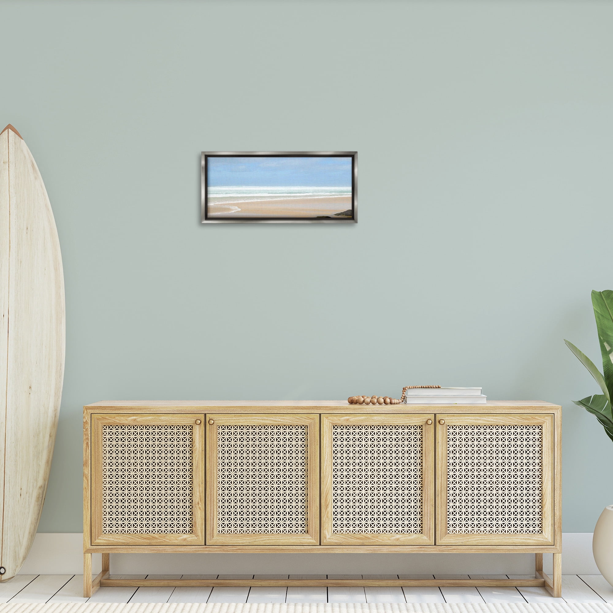 Stupell Industries Panoramic Abstract Shoreline Landscape Painting Gray Floater Framed Canvas Art Print Wall Art, 25 x 11