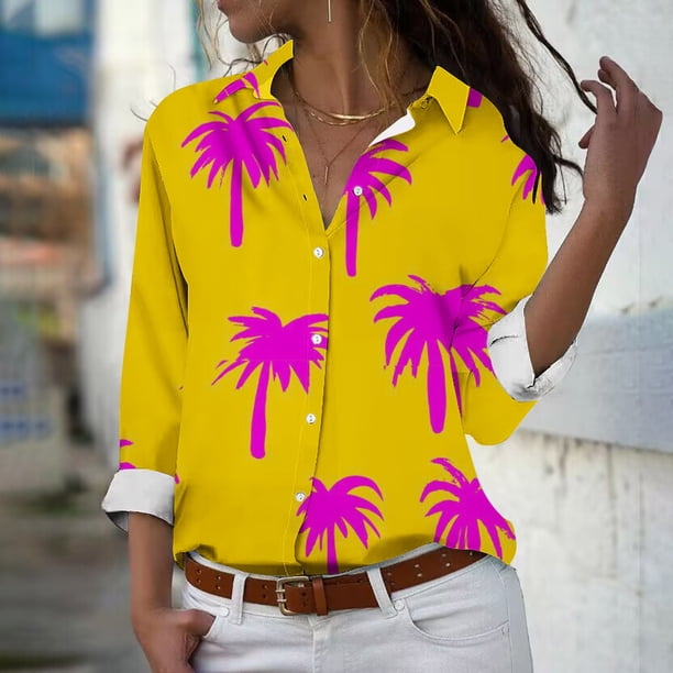 Fiudx Camisas de Mujer Camisa con Botones de Solapa Estampada Serie Naranja Informal Regular de Manga Larga para Mujer
