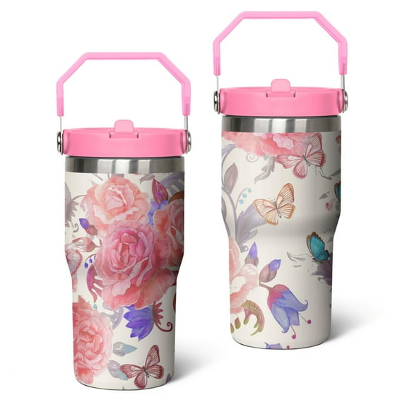 20oz Pioneer Stainless Steel Tumbler with Top Handle,Colorful Floral Travel Coffee Mug Flip Straw Cup,Gifts for Women Girls Men Adults