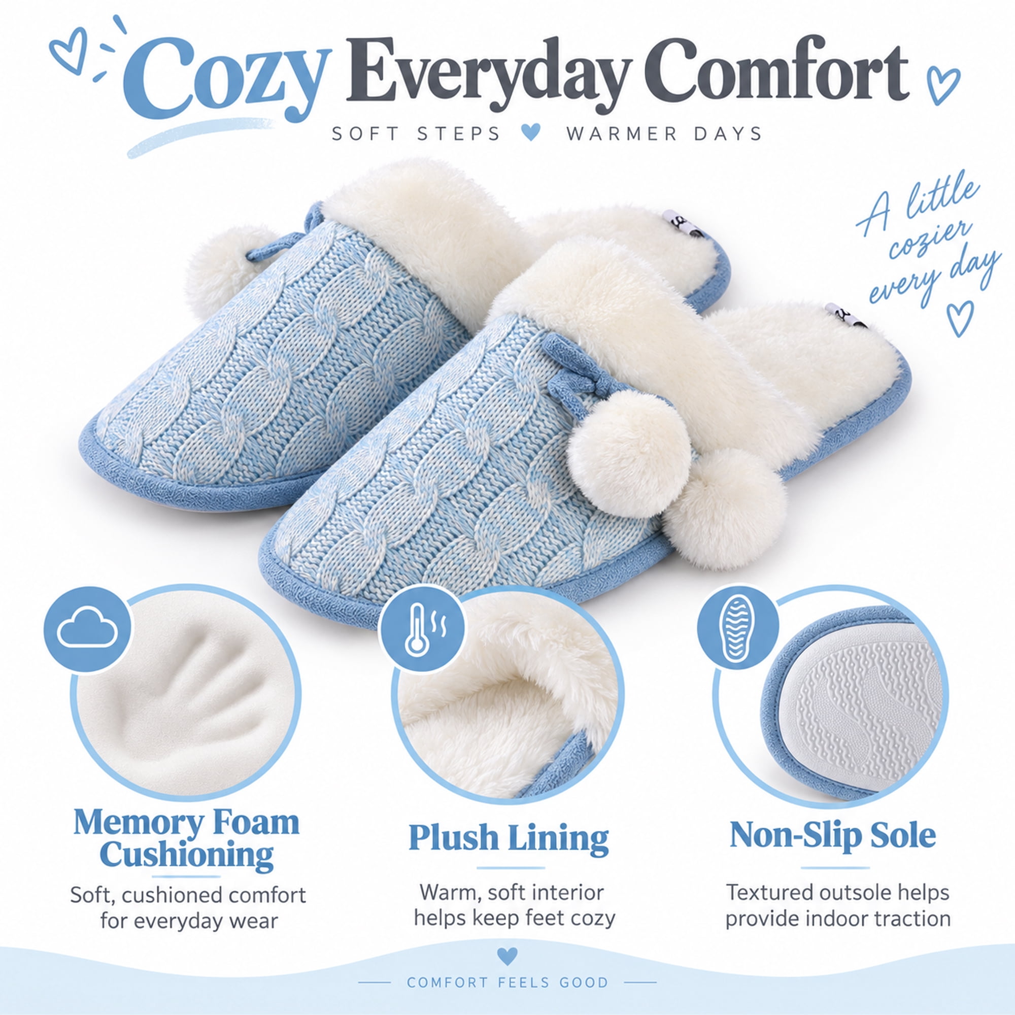 Women’s Cozy Knit Pom-Pom Slippers with Memory Foam, Plush Lined Non-Slip House Shoes, Indoor Slip-On Slippers