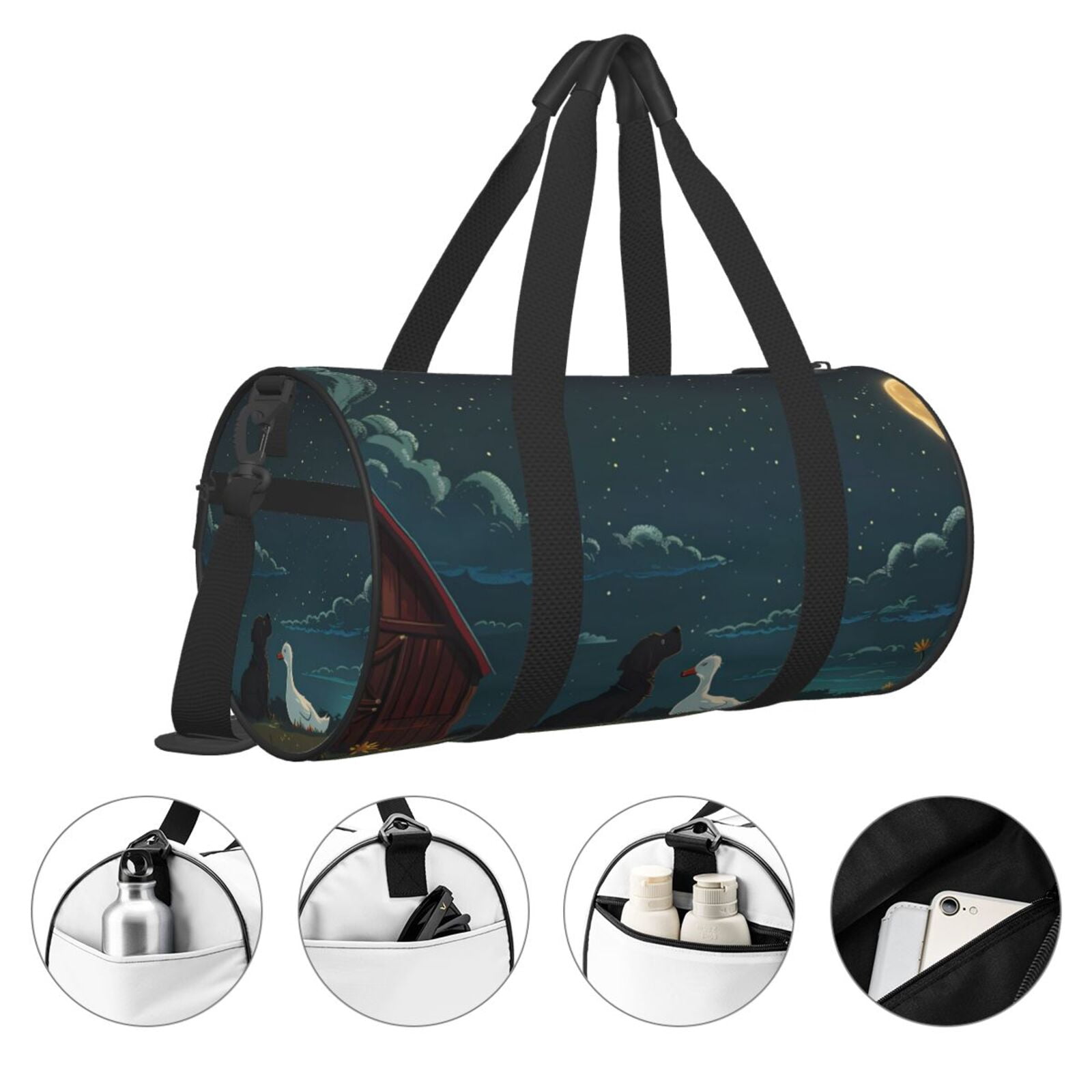 Vsdgher Farm Dog Duck Moonlight 45L Foldable Duffel Bag, Sports Gym Bag,Overnight Bag, Portable Weekender Bag for Airplanes