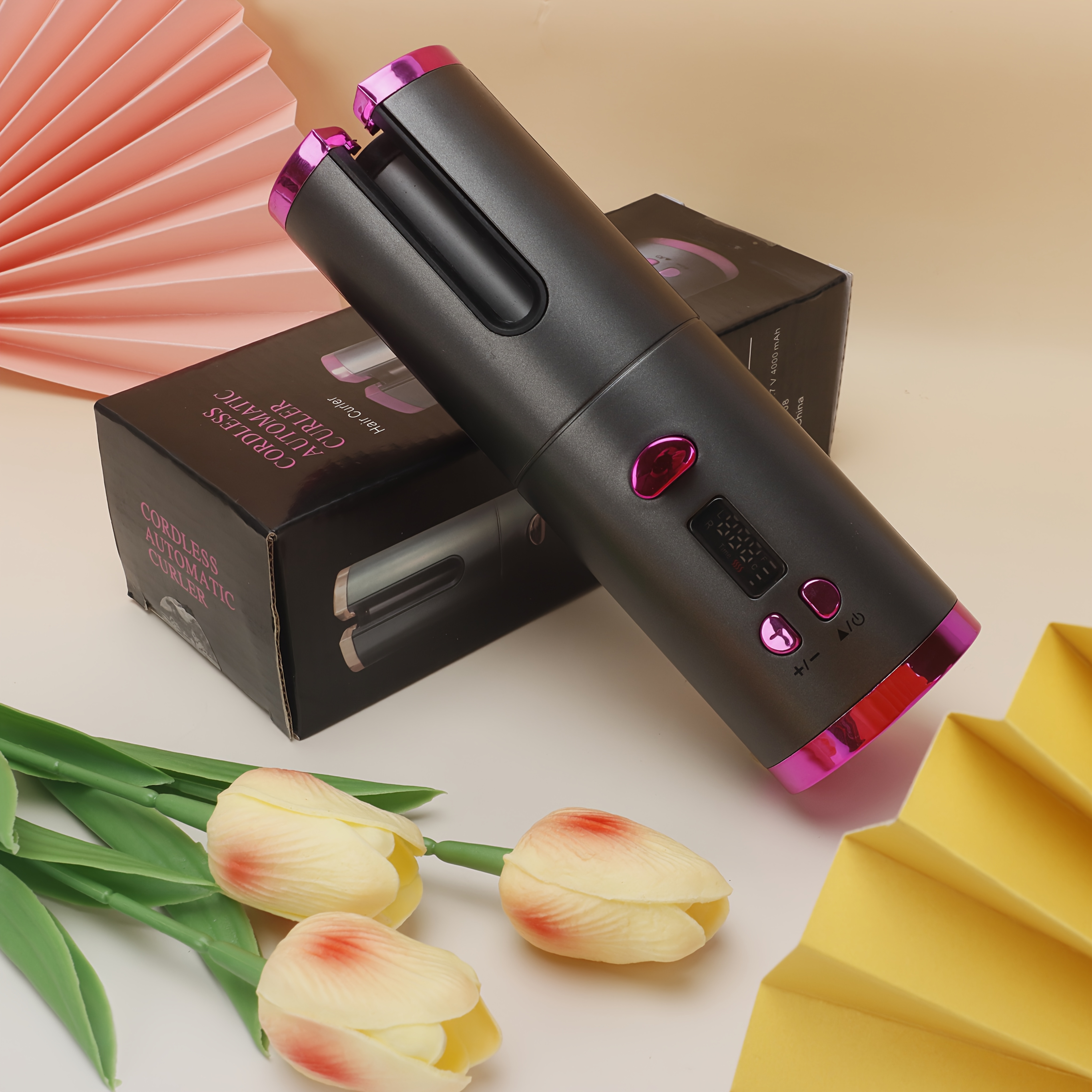 Portable Wireless Hair Curler - Auto Rotate, LCD Display, Long-Lasting Battery, USB Rechargeable, Ergonomic Design for Salon & Home Use, Sleek Metallic Finish, Highquality Build