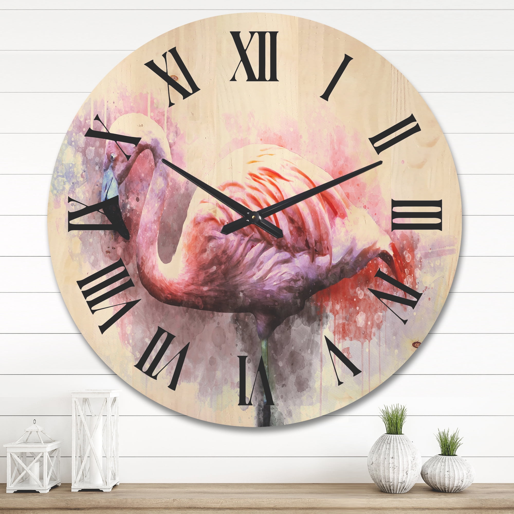 Designart 'Abstract Portrait of Pink Flamingo V' Farmhouse Wood Wall Clock