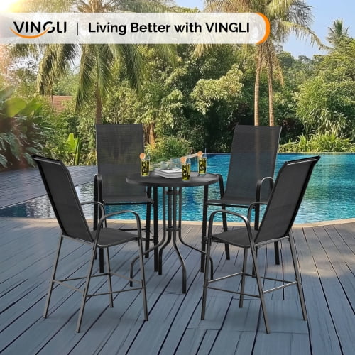 Ktaxon 4Pcs High Patio Outdoor Dining Chairs, Textilene Stackable Armrest Chairs Space Saving for Backyard Porch Garden - Black
