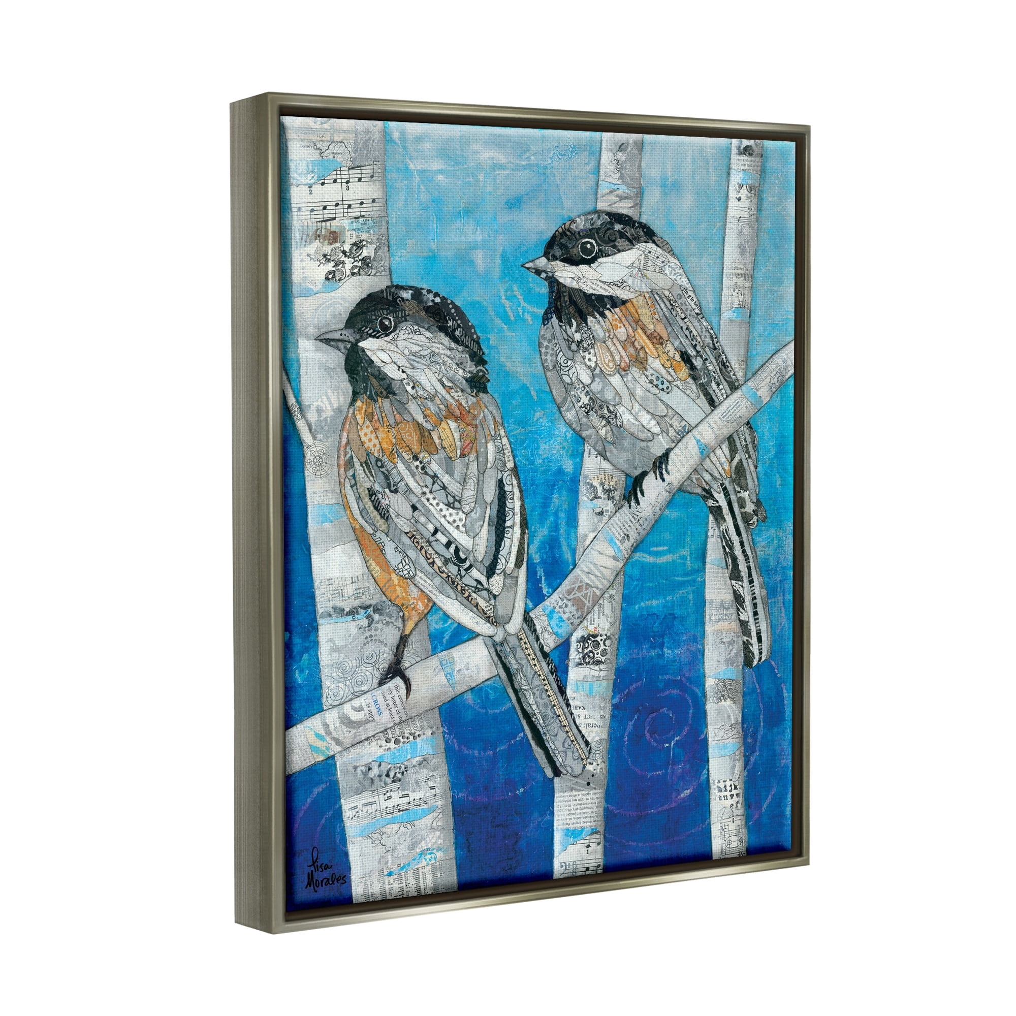 Stupell Industries Chickadees Perched Layered Ephemera Animal Birds Collage Painting Luster Gray Floating Framed Canvas Print Wall Art, Design by Lisa Morales