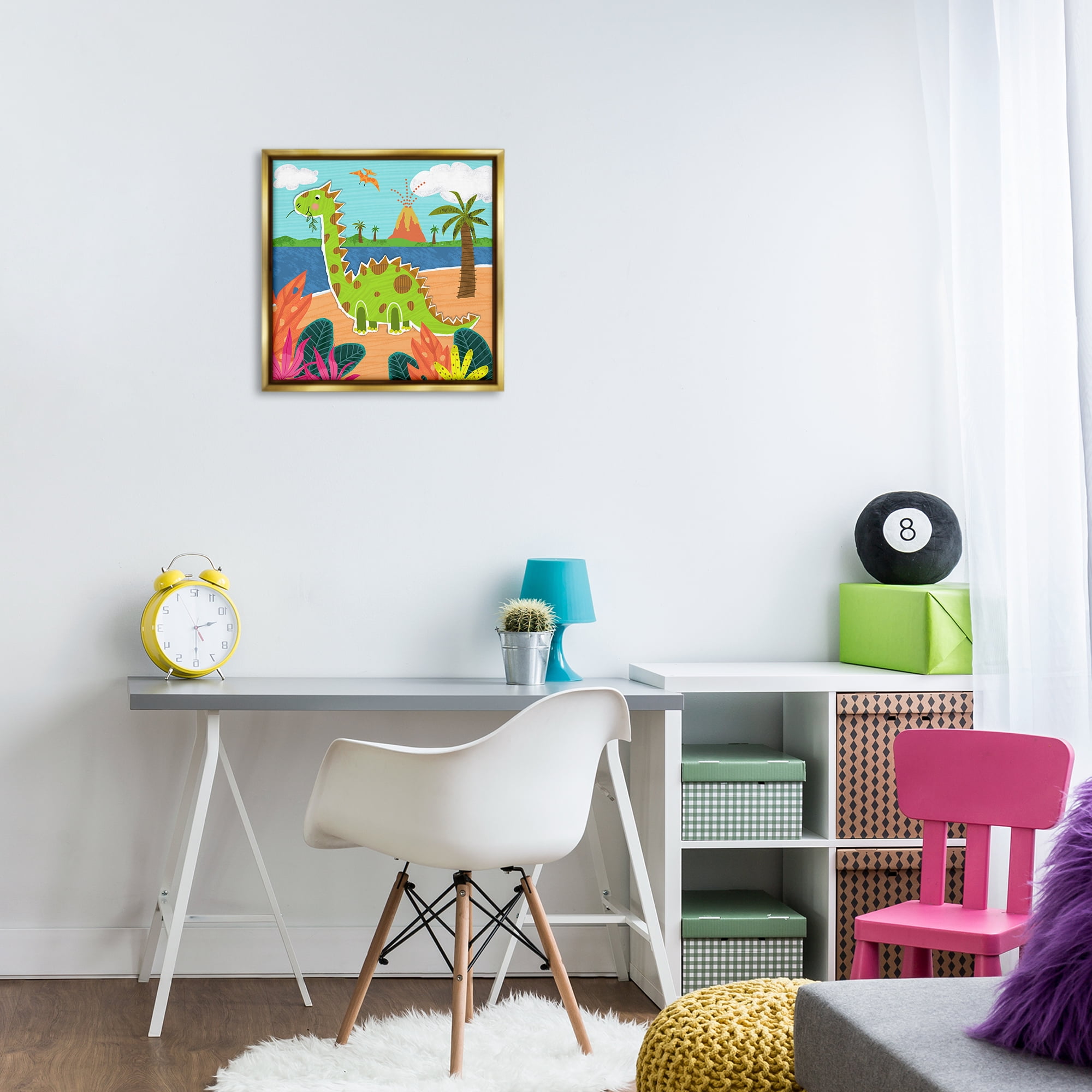 Stupell Industries Dinosaur on Beach Animals Painting Gold Floater Framed Canvas Art Print Wall Art, 18 x 18