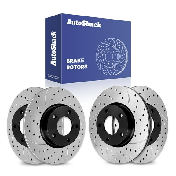 AutoShack Front Vented & Rear Solid Drilled & Slotted E-Coated Brake Rotors 4-PC Set Replacement for 2010 Mazda 3 Sport ShadowGuard