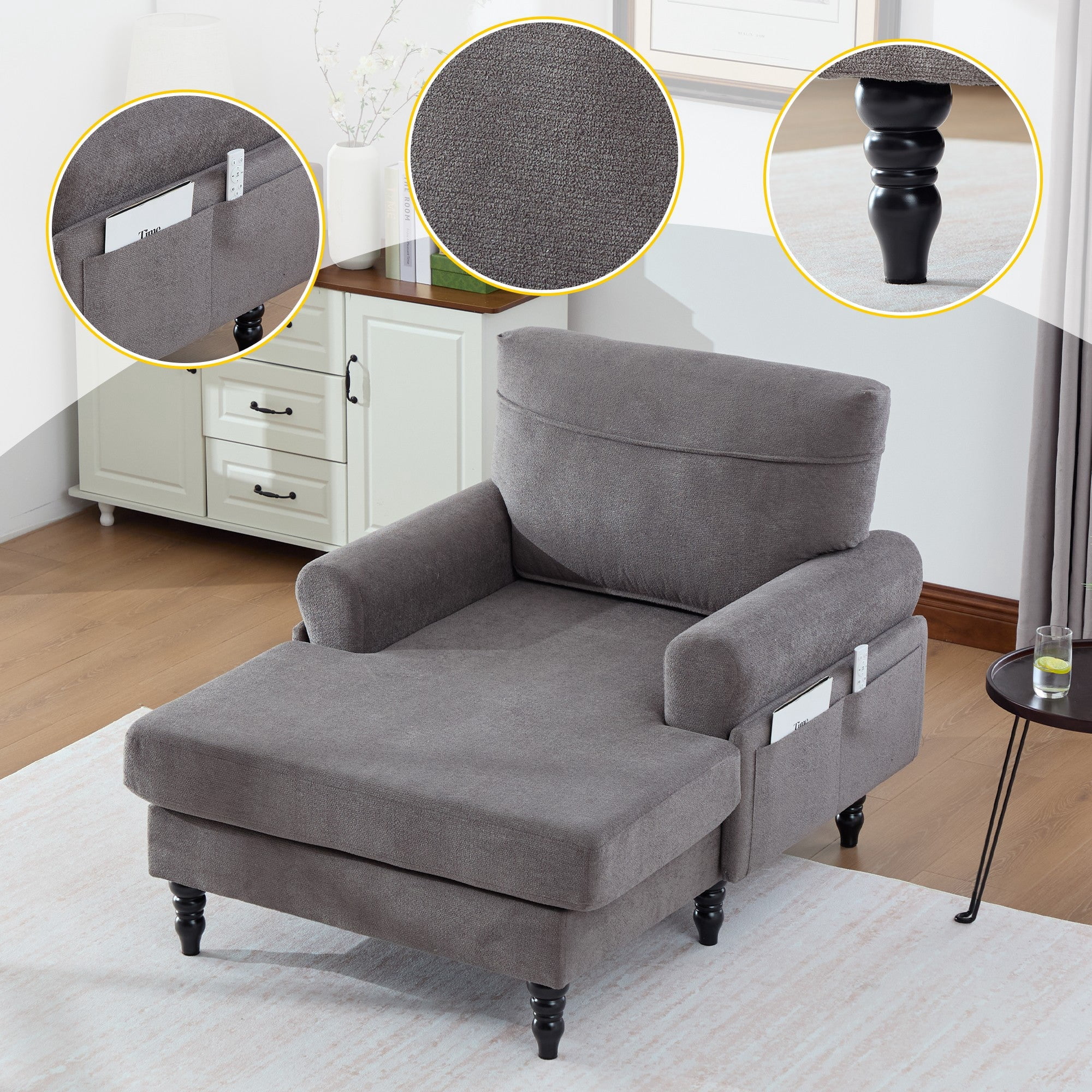 Sailvan Modern Chenille Chaise Lounge Indoor Recliner Chair Single Sofa with Storage Pocket & Solid Wood Legs Dark Gray