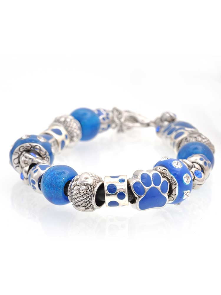 Delight Jewelry Silvertone 3-D Red Christmas Stocking Blue Paw Print Bead Bracelet, 7"+2"