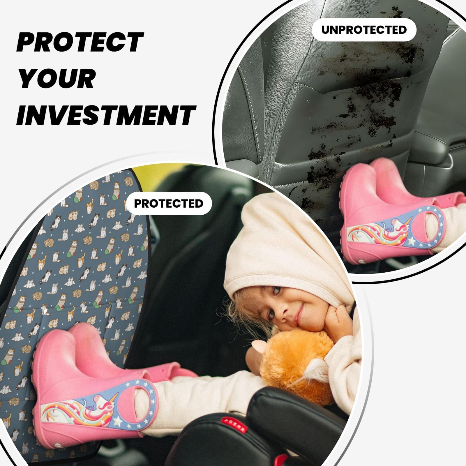 Kdxio Cute Cats And Dogs Print 2 Pack Car Kick Mat Seat Cover Back Protector Mat with Pockets for Organizer Backseat Protector and Storage Anti Kick Pad for Vehicles