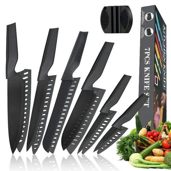 13 Pcs Kitchen Knife Set, Stainless Steel Chef Knives with Sharpener & Blade Guards, Non-Stick Coating, Dishwasher Safe, Black