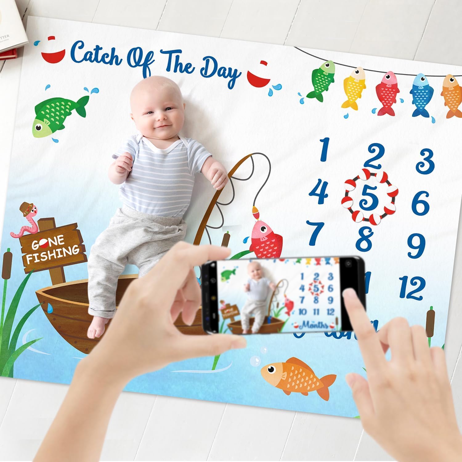 Gone Fishing Baby Monthly Milestone Blanket Little Fisherman Bobber Photo Prop Ideas for Newborn Boy & Girl Nursery Décor (40" X 50")