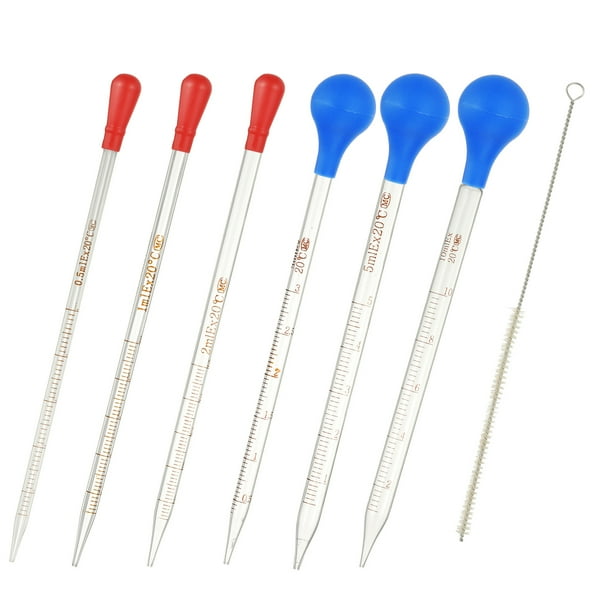 Kit de pipetas graduadas Uxcell, 0.5/1/2/3/5/10ml de pipeta de vidrio borosilicato con tapa de goma azul y cepillo para transferir líquidos para laboratorio, química, transparente