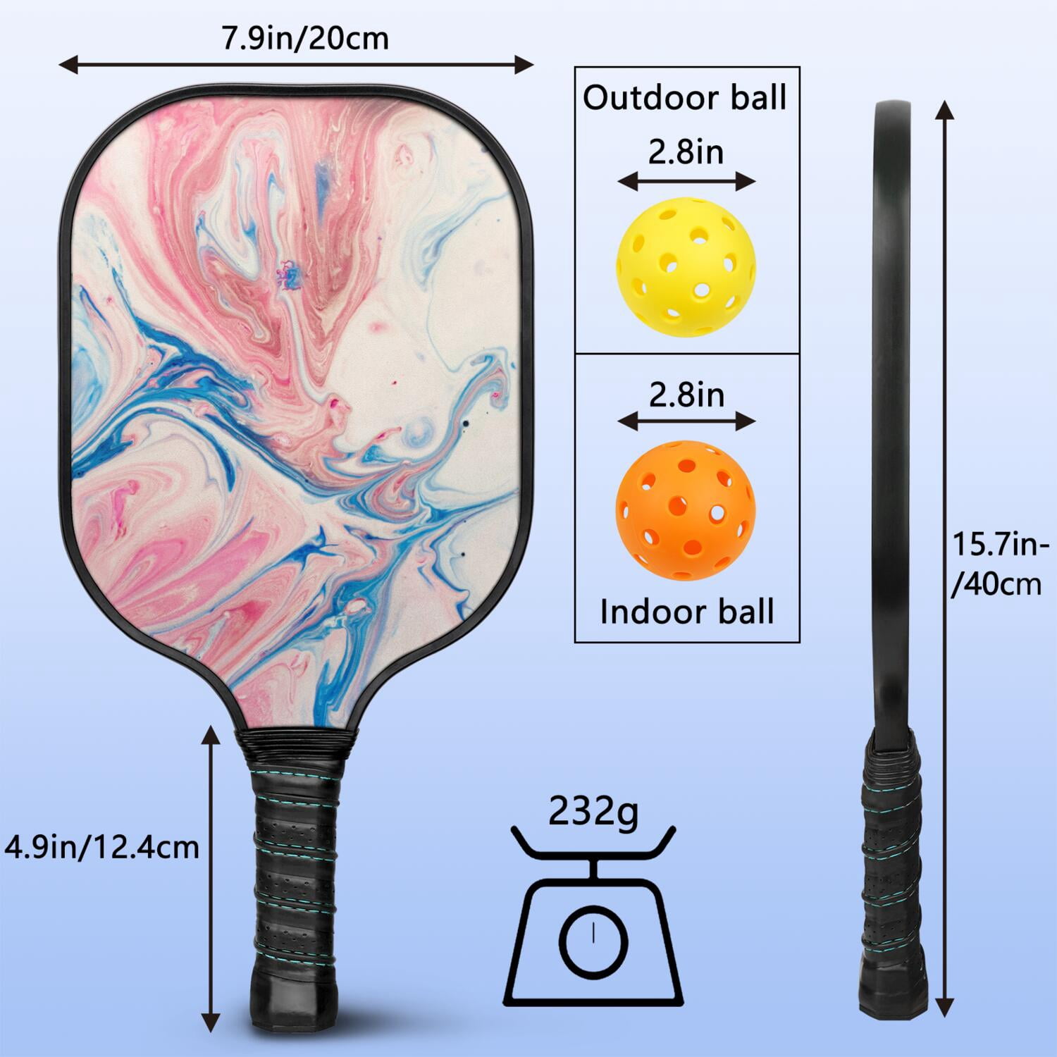 Pickleball Paddles Set Of 1, Fiberglass Surface, Liquid & Marble Print, 1 Paddles, 2 Balls & Bag