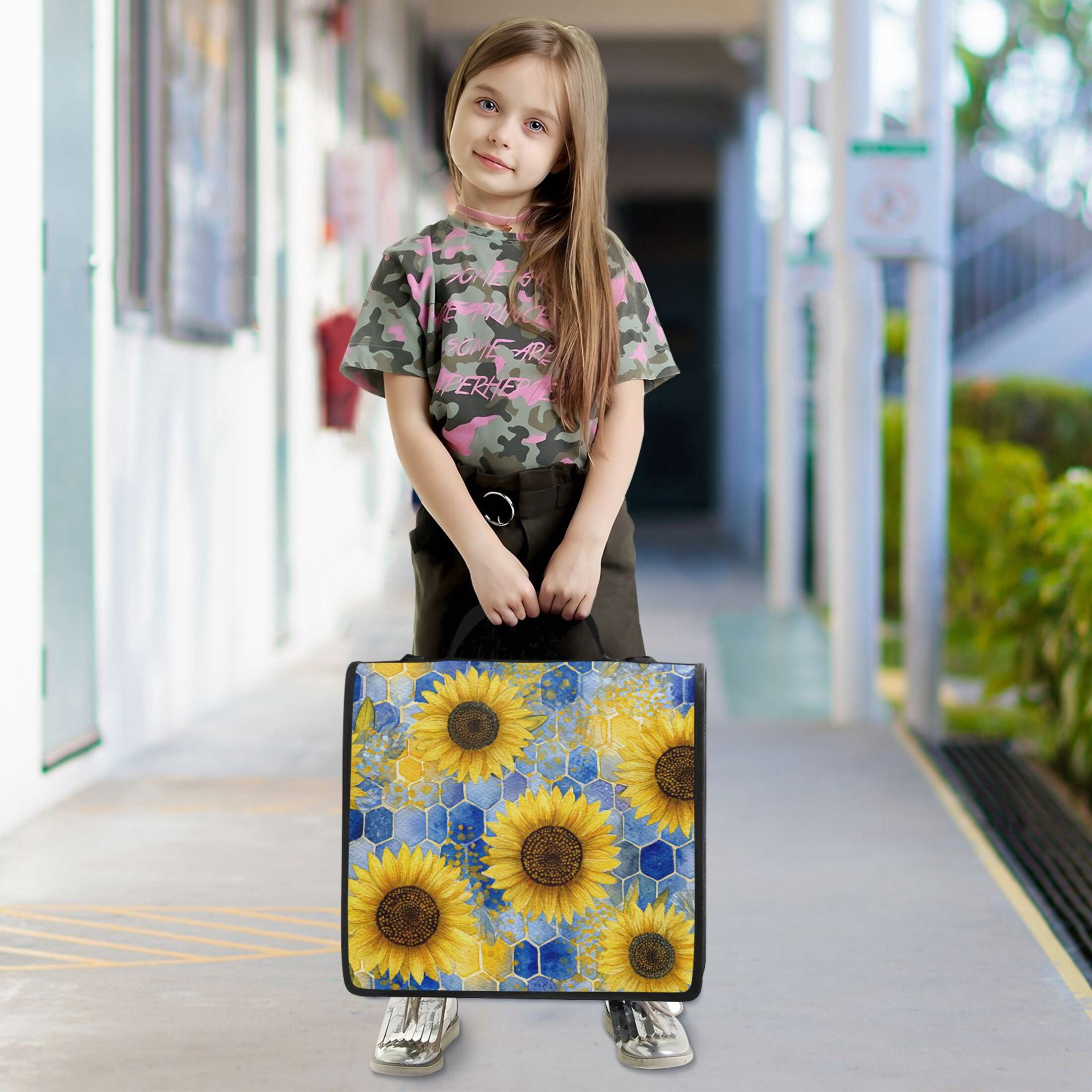 Sunflowers and Blue Honeycomb Binder Bag with Shoulder Strap 3 Ring Zipper Binder File Folder Document Storage