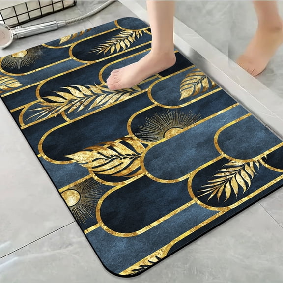 1pc Blue and Gold Foliage Bathroom Rug Bathroom Decor and Accessories- Durable,Anti Slip,And Quick Drying,Suitable For Indoor/outdoor Use - Perfect For Bathrooms,Bedrooms,Kitchens