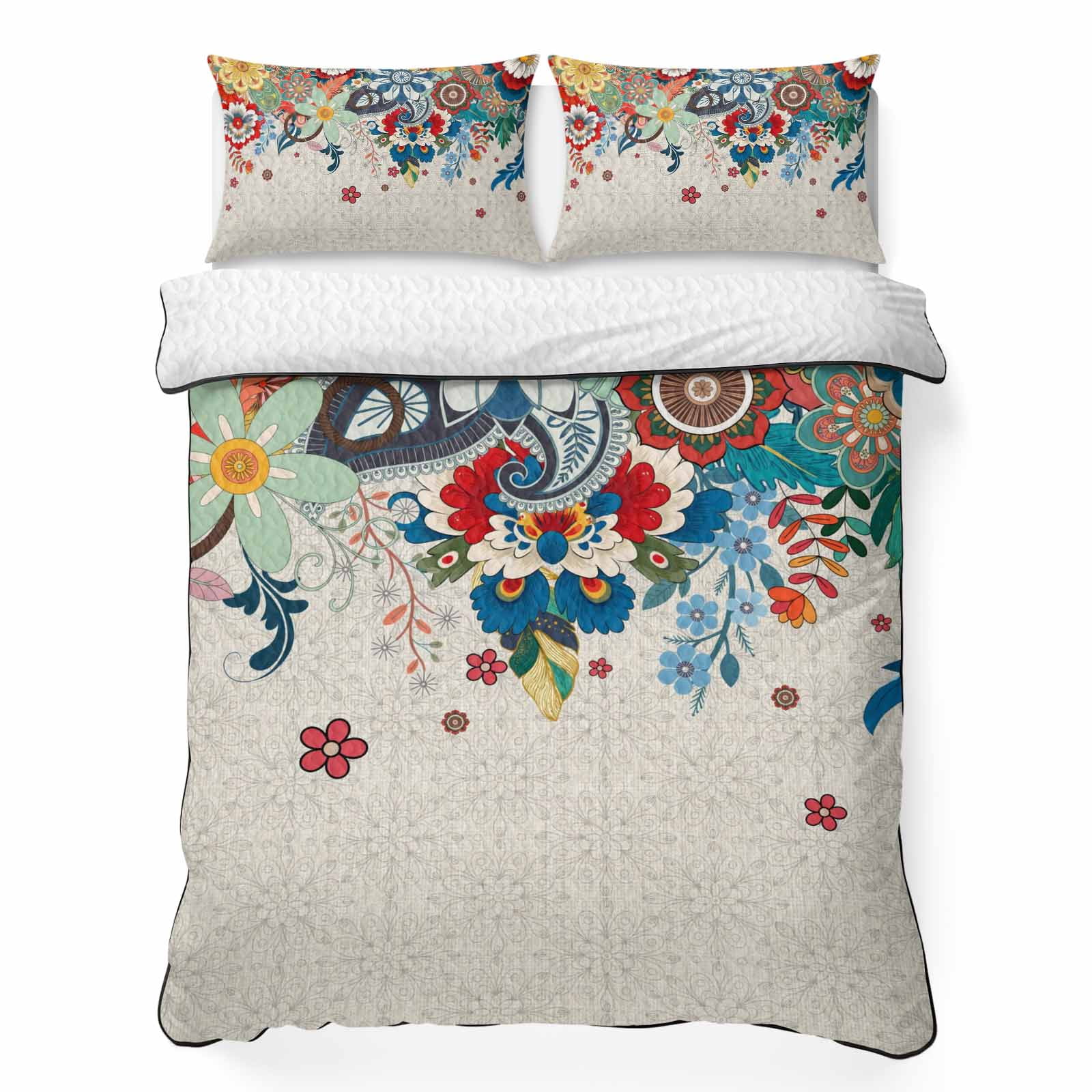 Boho Floral 3 Piece Quilt Bedding Set with 2 Pillow Shams Abstract Bohemian Bloom Flower Colorful Plant Linen Lightweight Bedspread Coverlet Soft Breathable All Season Quilt 79 x 90 Inch