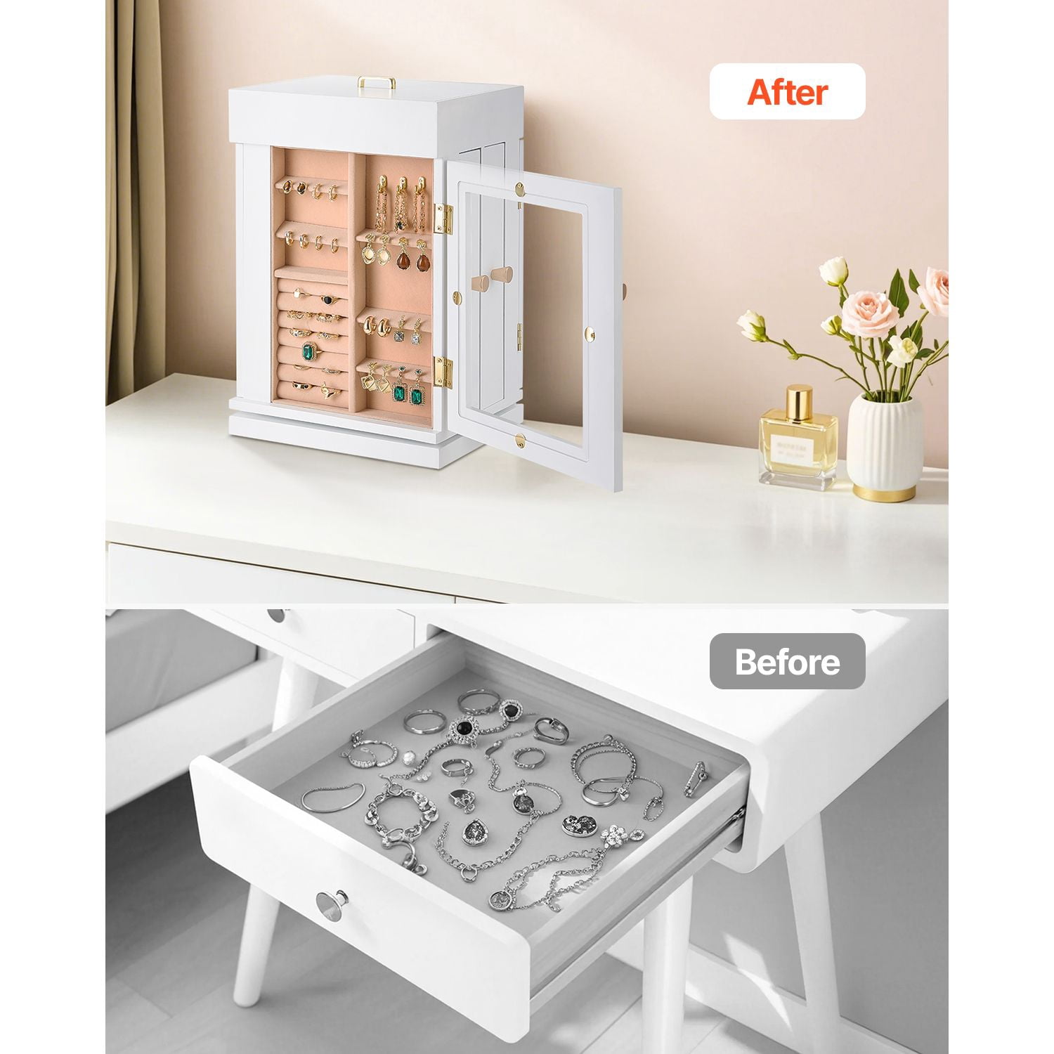 Jewelry Box Organizer with 360° Rotation, Magnetic Closure, Vertical Drawers, Metal Handle, for Rings Necklaces Earrings