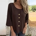 thumbnail image 2 of ManxiVoo Chemise Décontractée pour Femme à Boutons, Col Rond, Coton et Lin, Haut à Manches Longues, Élégant Minimaliste, Tenue de Bureau, Taille P, Brun, 2 of 5