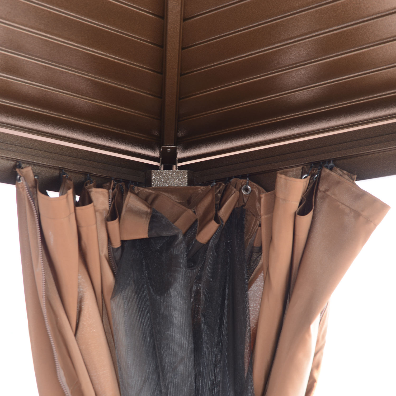 Outsunny 10' x 12' Hardtop Gazebo with Curtains and Netting, Permanent Pavilion Metal Single Roof Gazebo Canopy with Aluminum Frame and Hooks, for Garden, Patio, Backyard, Coffee Brown