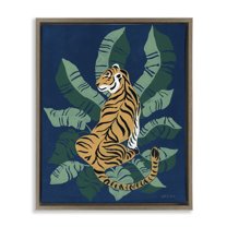 Stupell Industries Tiger Sitting over Palms Animals & Insects Painting Brown Floater Framed Canvas Art Print Wall Art, 17 x 21