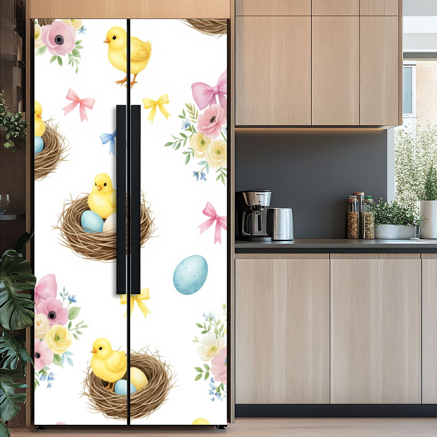 Self Adhesive Vinyl Refrigerator Wrap Set Spring Chickens Floral Nest Pink Ribbons Easter Eggs Door Mural Removable Fridge Sticker Peel and Stick&nbsp;Full Door Cover Decal Kitchen Bar Decor