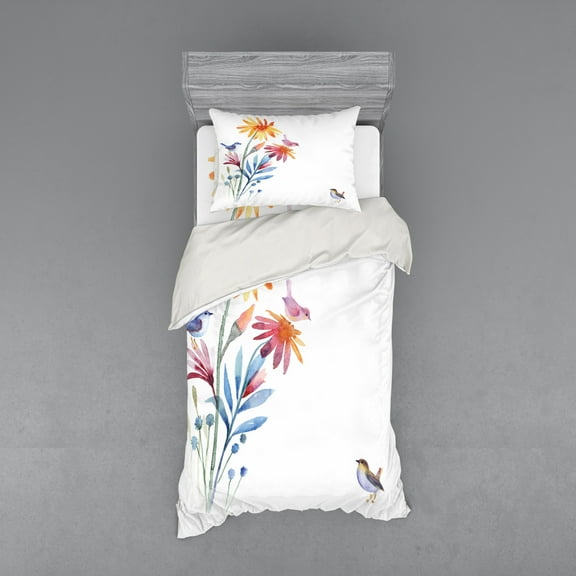 Ambesonne Watercolor Bedding Set 3 Pcs, Flower Brush Effect, Twin, Slate Blue Lavender