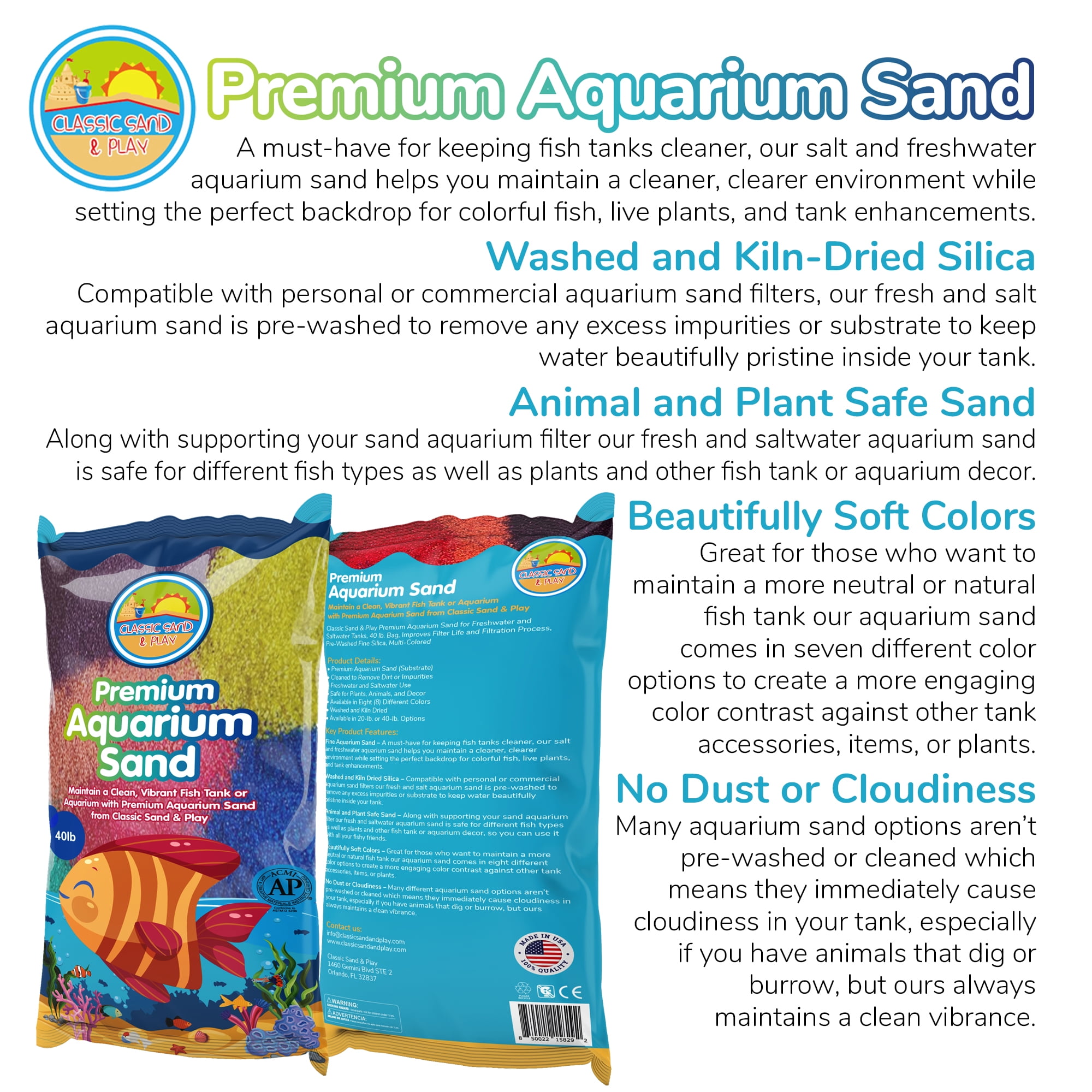 CLASSIC SAND & PLAY Natural Aquarium Sand for Freshwater and Saltwater Tanks, 40 lb. Rainbow