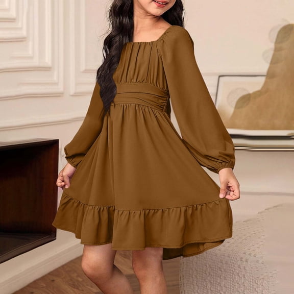 Ynynloco Girls Cotton Long Sleeve Backless Dresses Ruffled Casual Party Dress Size 4-13 Years