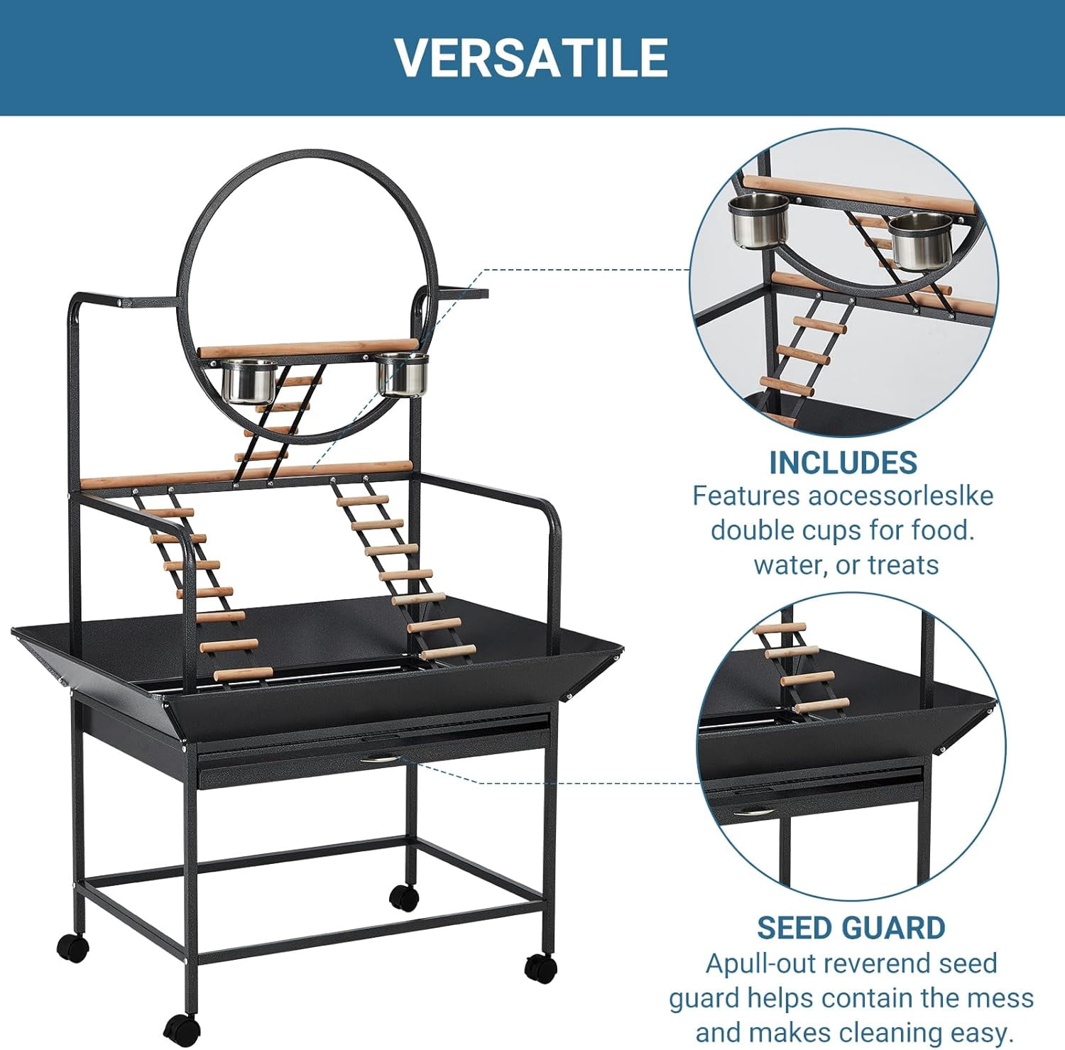 Lumiparty 66-inch Large Bird Playstand with Perches & Ladders, Indoor & Outdoor Activity Center for Parrots, Conures, Cockatiel, Removable Tray & Lockable Casters, Black